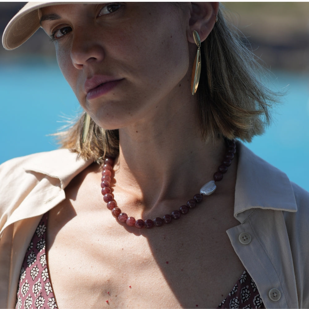 COLLANA AMBRA QUARZO FRAGOLA E PERLA